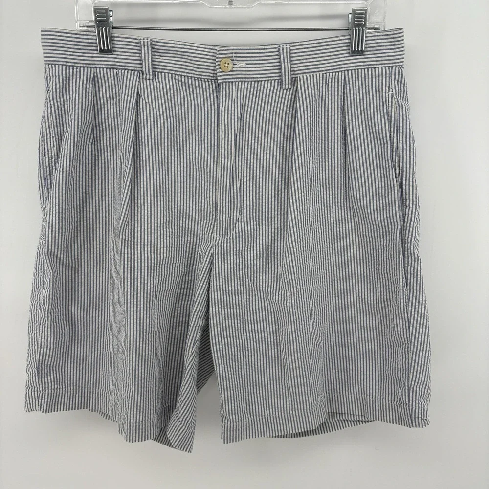 Polo Ralph Lauren Men 33 White‎ Blue Seersucker Shorts Striped Pleated Golf